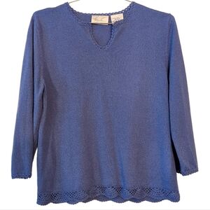 Vintage Kathie Lee Collection Blue Crochet-Trim Long Sleeve Top